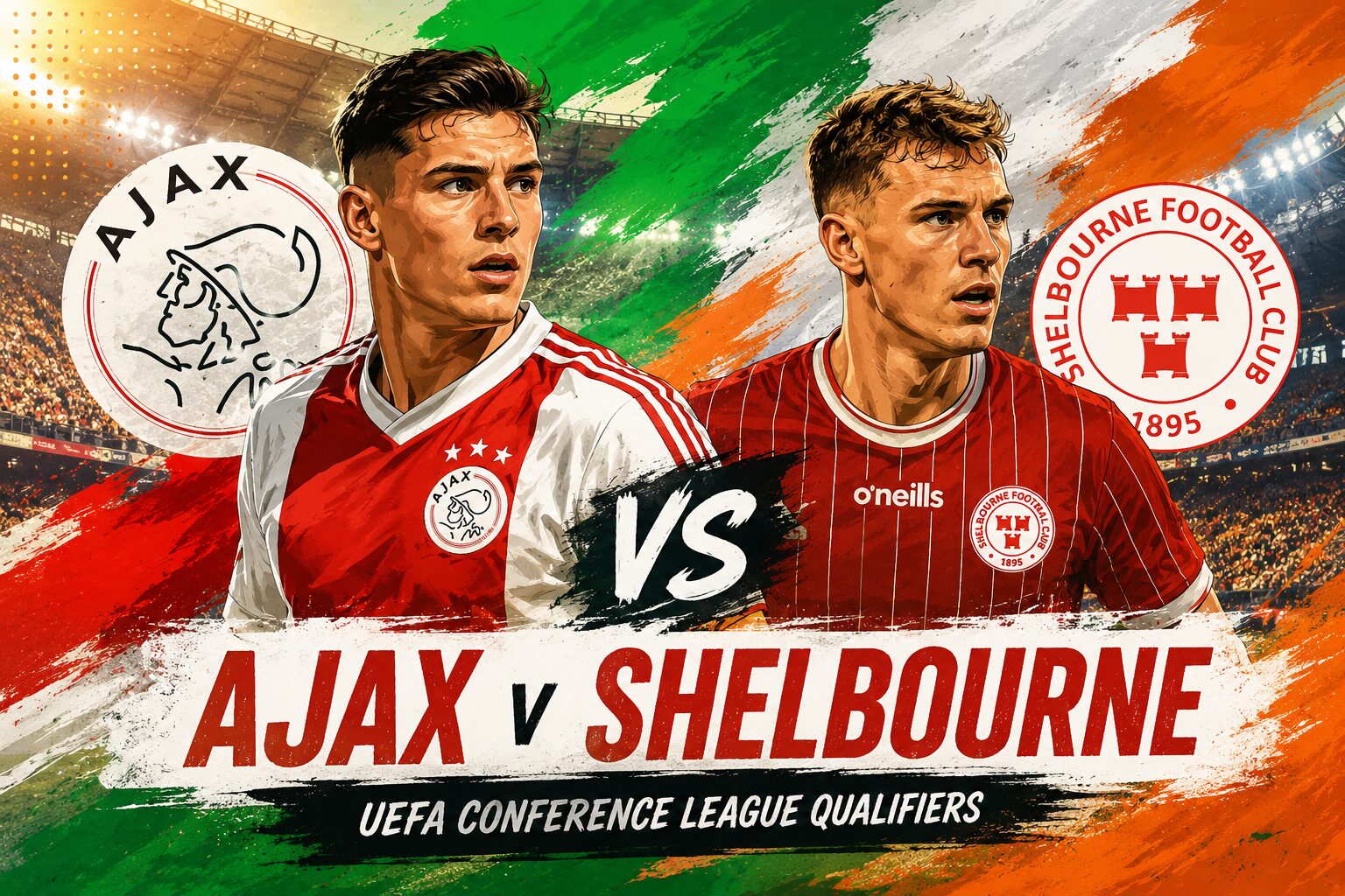 Ajax v Shelbourne UEFA Conference League Third Qualifying Round preview graphic featuring illustrated players from Ajax and Shelbourne with a football stadium background.