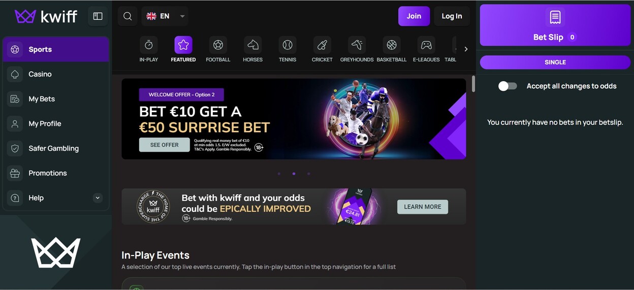 Kwiff Ireland Homepage