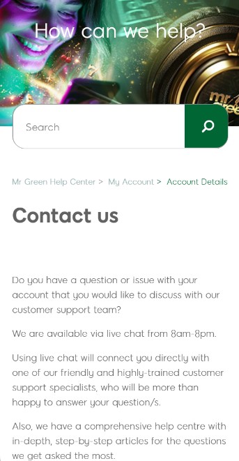 Mr green Sports Customer Support Ireland