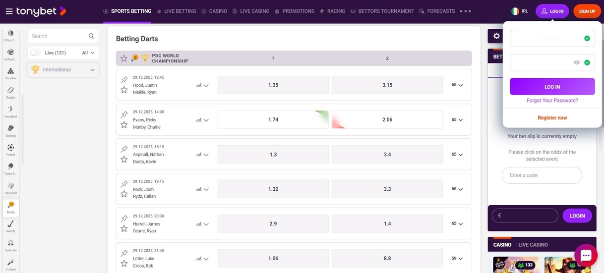 Tonybet Darts Betting Ireland pc