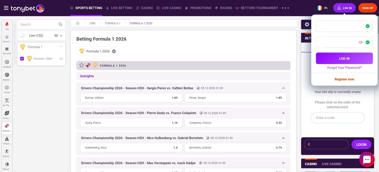 Tonybet Ireland Formula1 betting pc