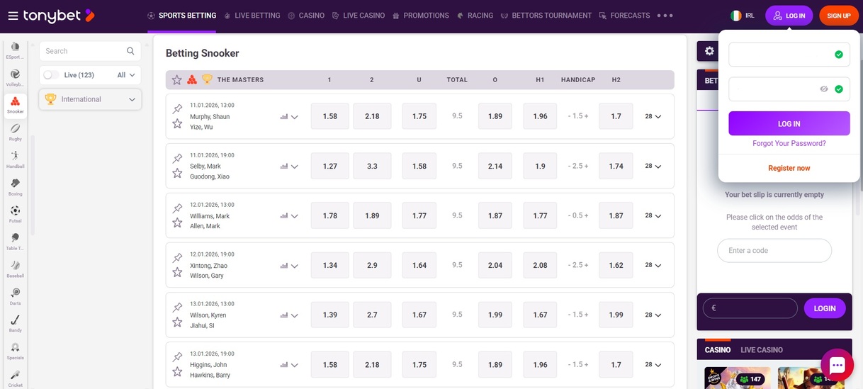 Tonybet Snooker Betting Ireland pc