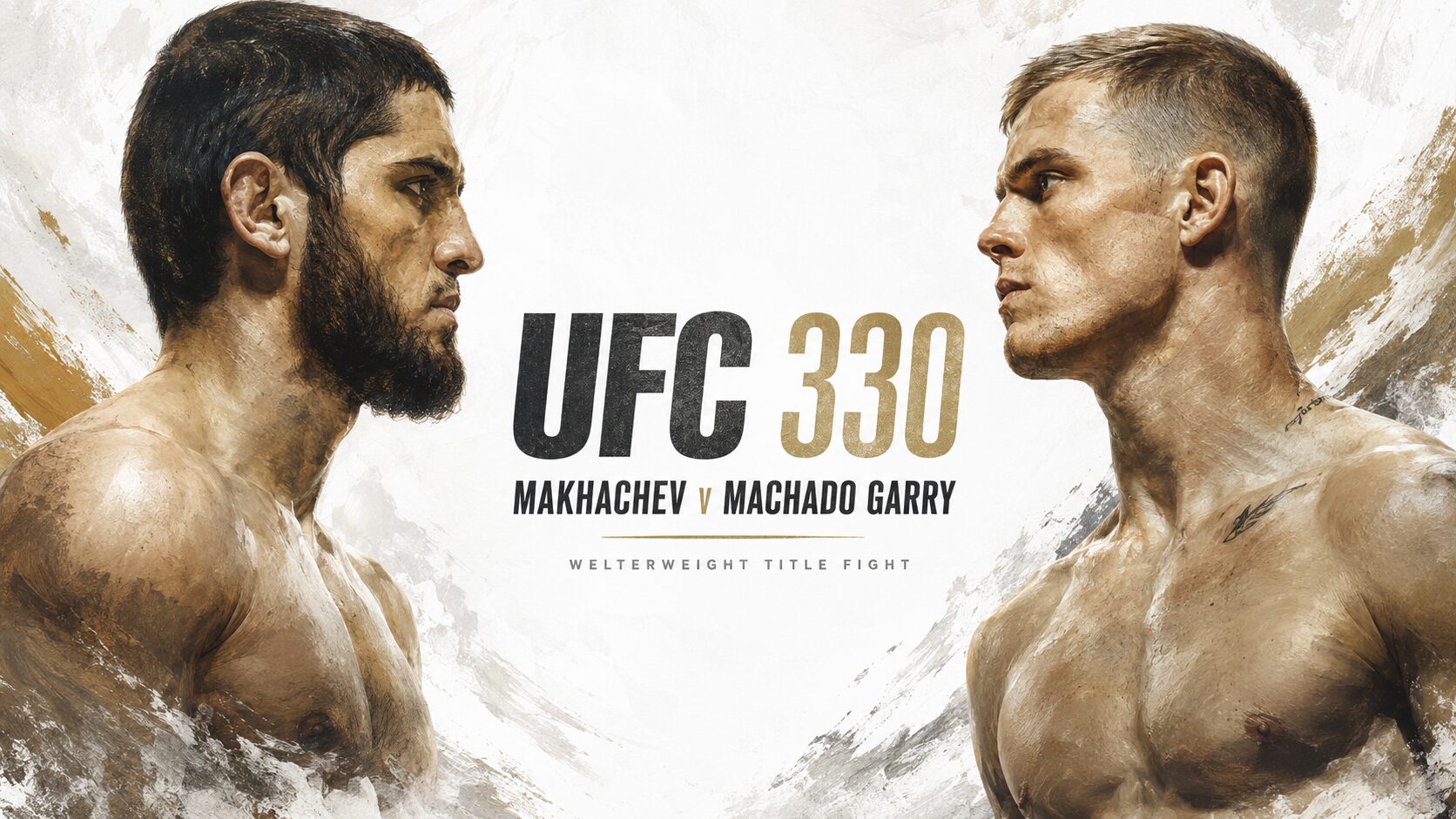 Promotional image for UFC 330 showing Islam Makhachev and Ian Machado Garry facing each other in profile, painted in a classical oil style on a mostly white background, with the text “UFC 330”, “Makhachev v Machado Garry” and “Welterweight Title Fight” in the centre.